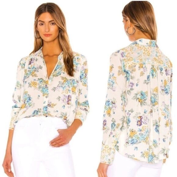 Free People Hold On To Me Cream Blue Floral Long Sleeve Button Down Blouse xs - Picture 11 of 11